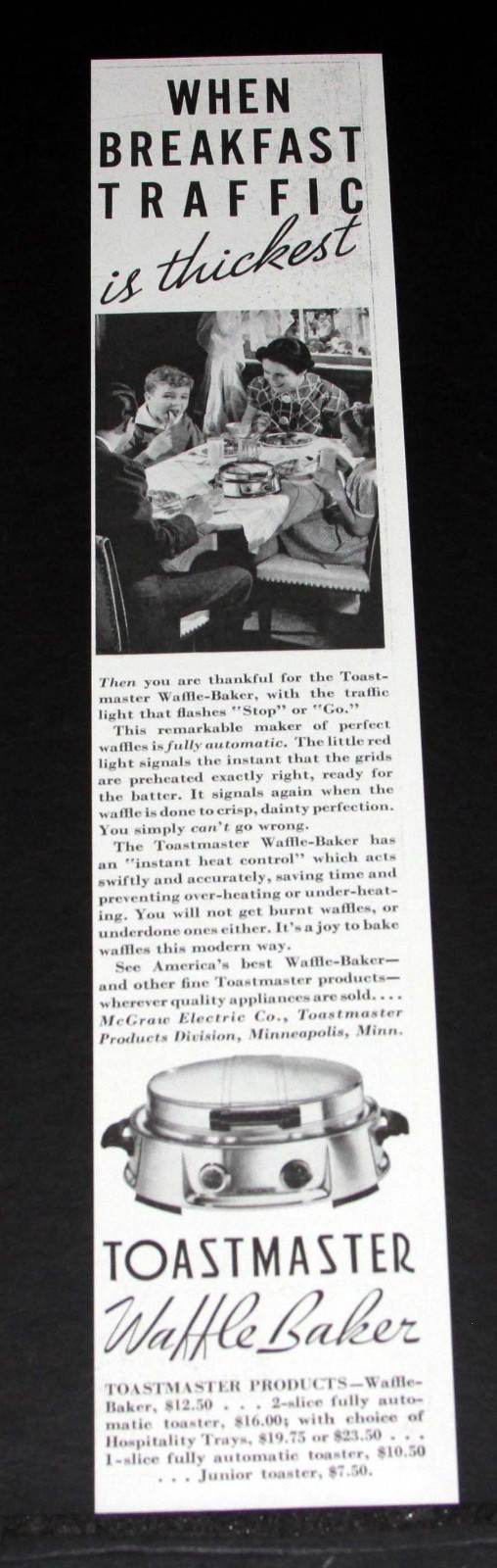 1937 OLD MAGAZINE PRINT AD, McGRAW, TOASTMASTER FULLY AUTOMATIC WAFFLE BAKER