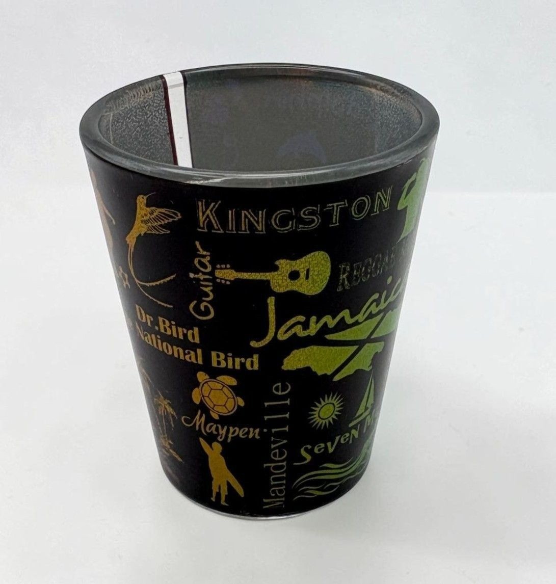 Vintage Jamaica Souvenir Shot Glass Landmarks Black with Glitter Colors Vibrant 