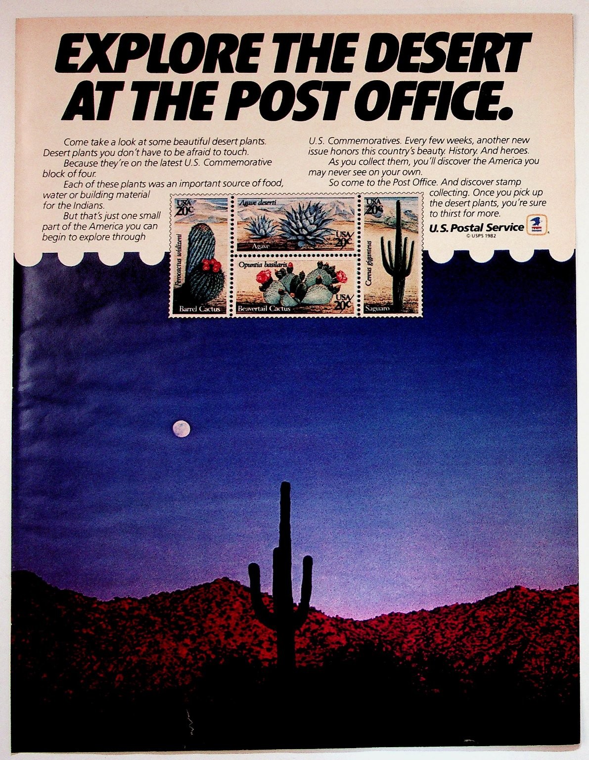 USPS 1982 Desert Stamps Explore Post Office Vintage Ad Print Saguaro Cactus
