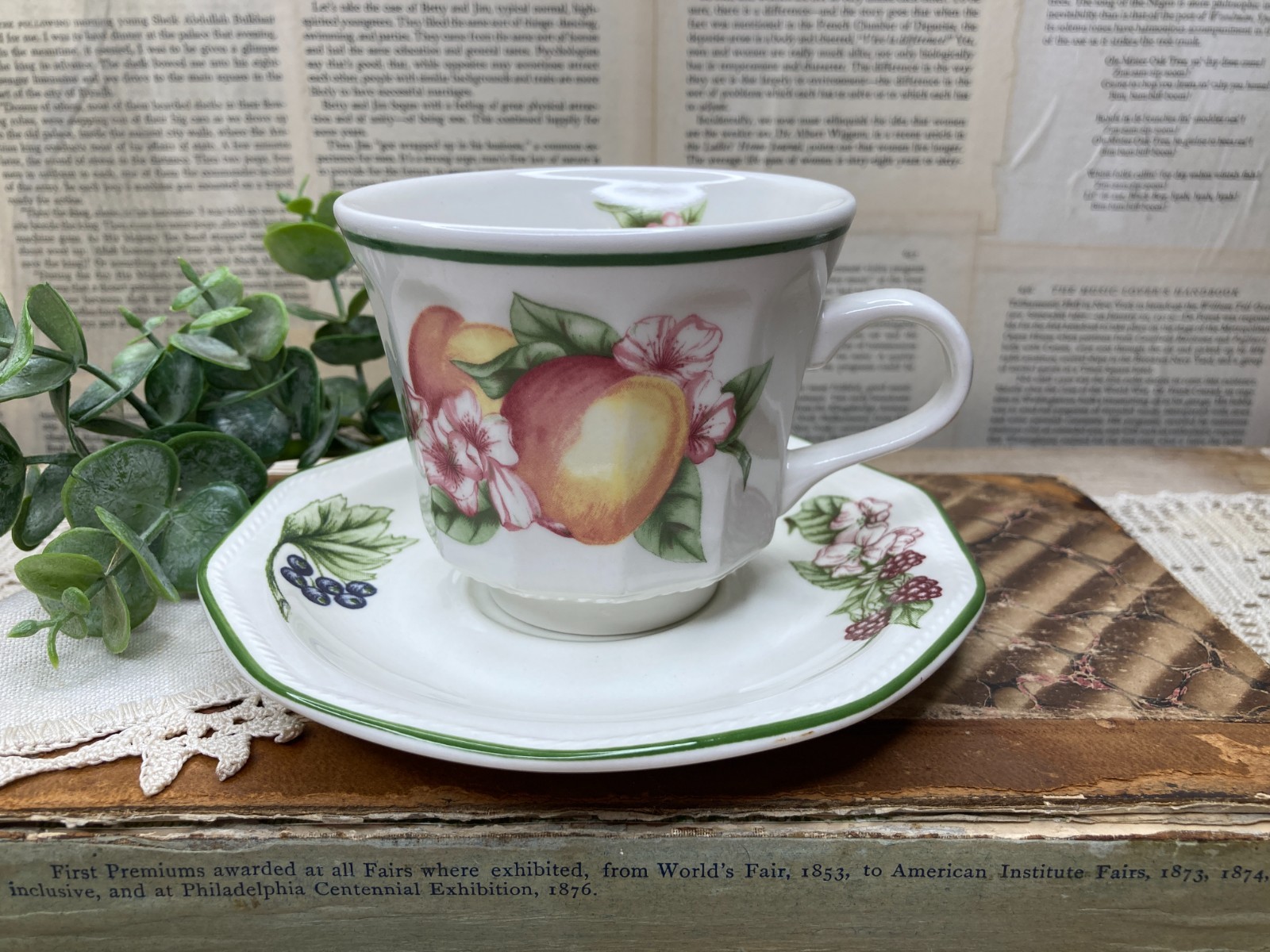 Churchill Orchard Fruit Cup & Saucer Set Staffordshire England Fruit Pattern Churchill Orchard Fruit Cup & Saucer Set Staffordshire England Fruit Pattern