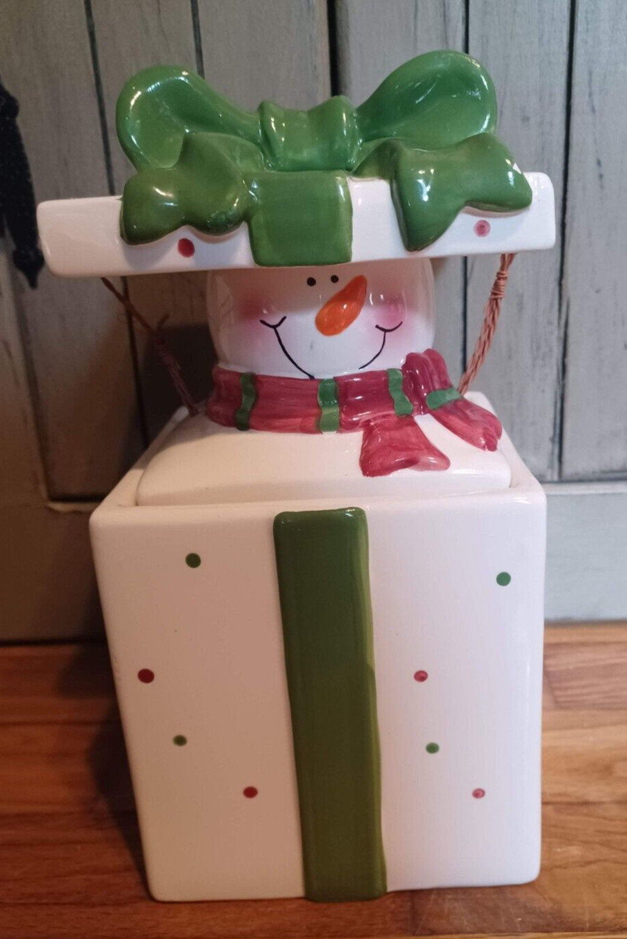 Snowman Popping Out of Gift Box Cookie Jar Christmas Present