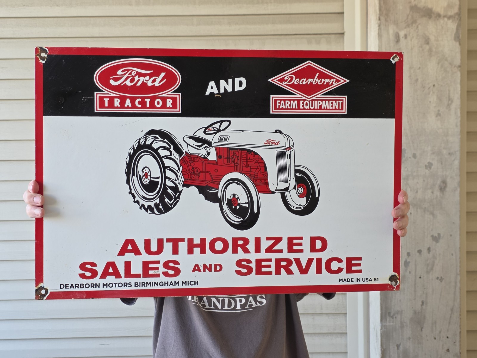 VINTAGE LARGE FORD TRACTOR AND DEARBORN FARM EQUIP PORCELAIN SIGN 24