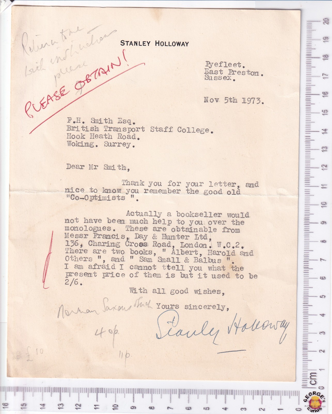 1973 Stanley Holloway Autograph 1p ALS on monologues & early Co‑Optimists revue