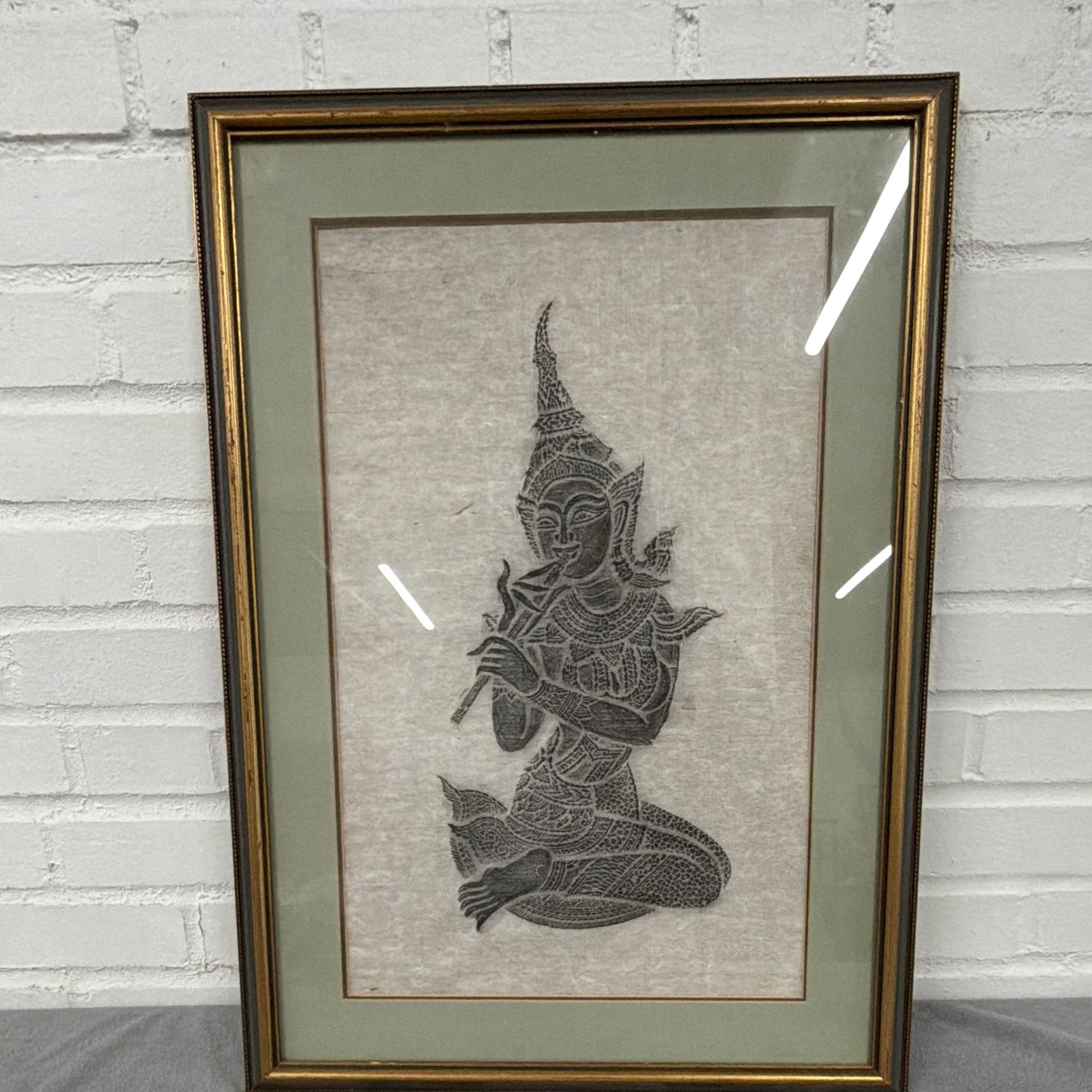 Vintage Framed Thai Temple Rubbing Rice Paper Art Seated Musician Flute Player