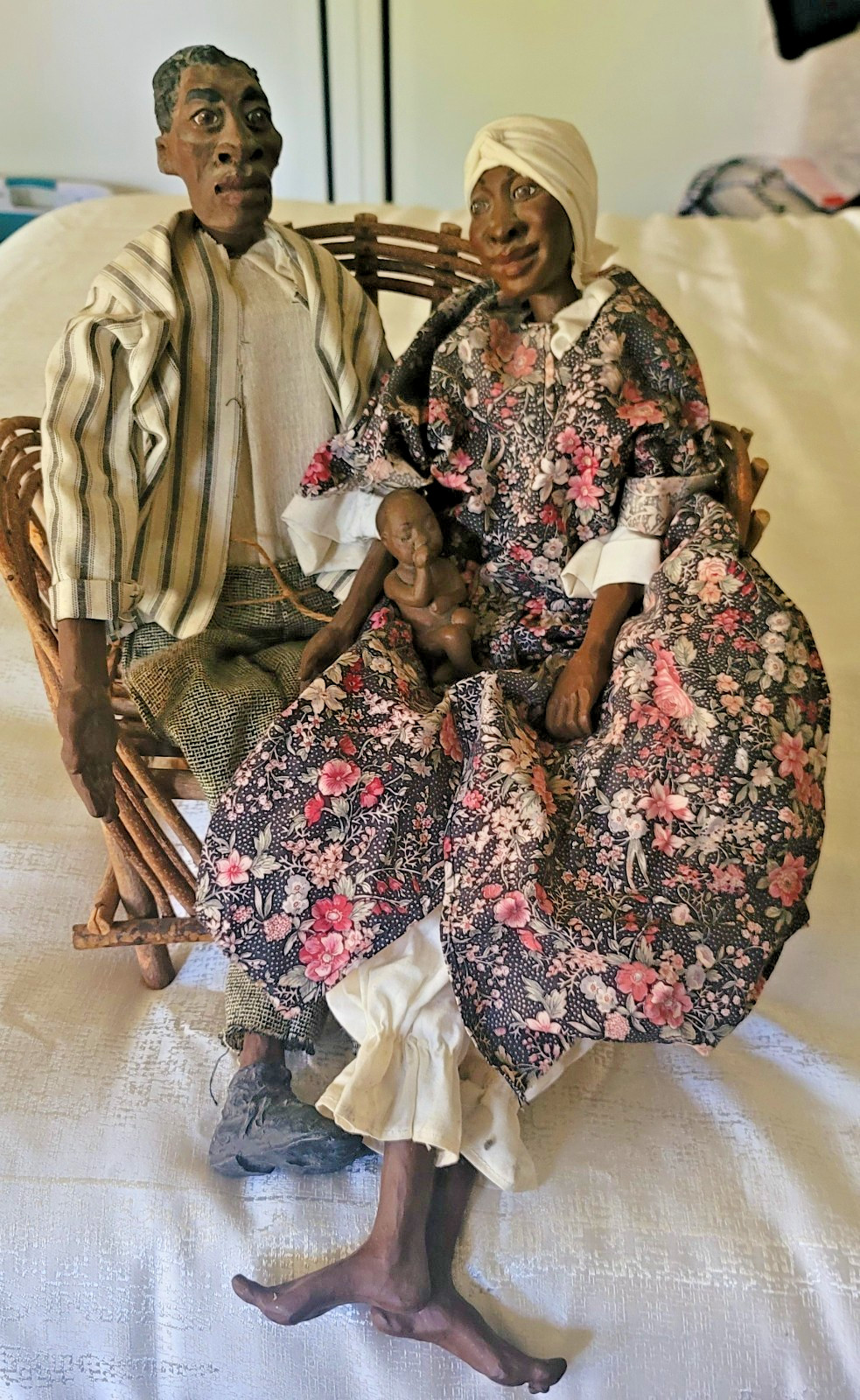 Daddy's Long Legs Tobias, Nettie, baby and bench- Artist Karen Germany.