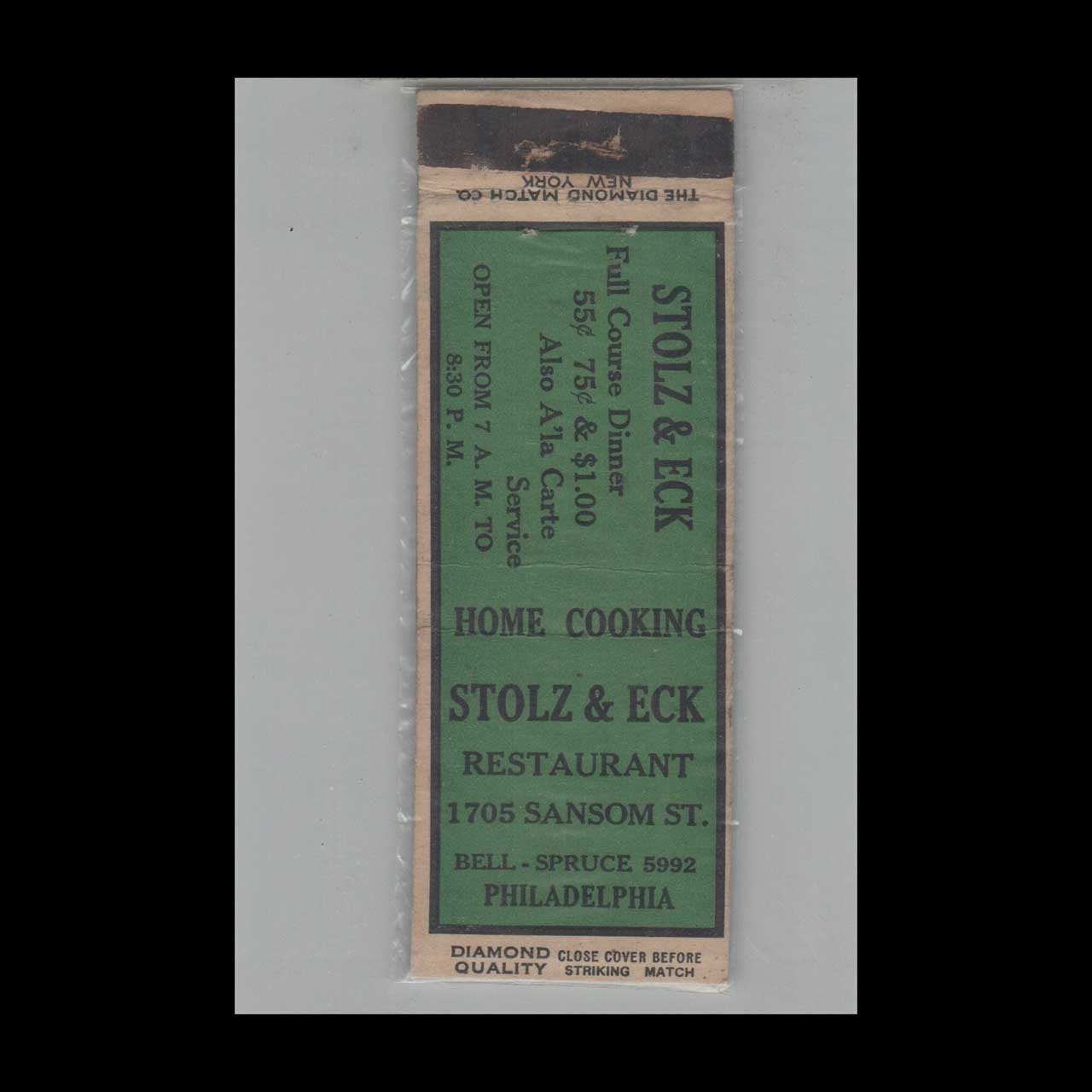 1930s Matchbook Cover Diamond Quality Stolz & Eck Restaurant Philadelphia PA