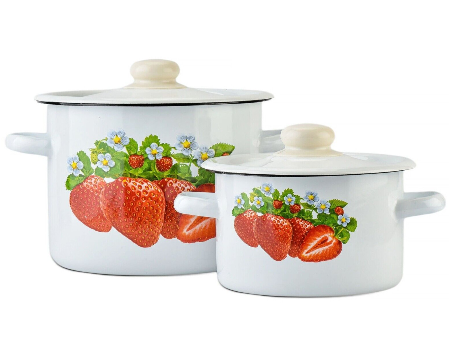 Novomoskovsk Strawberry Enamel Stockpot Set Vintage Cooking Pot Set [2 qt, 5 qt]