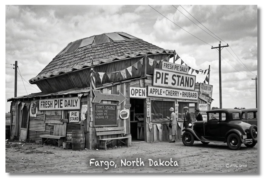 Vintage‑STYLE  ART 1930s RPPC-PIE STAND FARGO NORTH DAKOTA-FAUX PHOTO