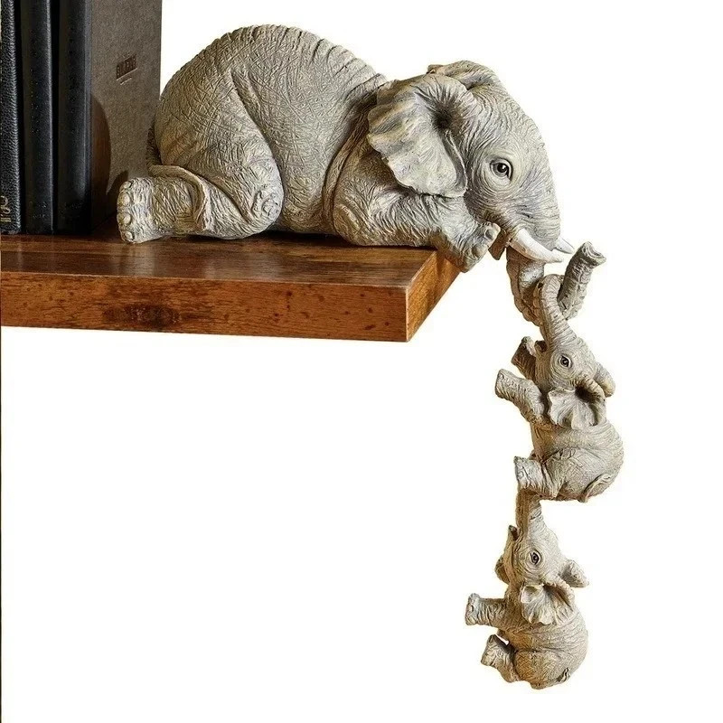 3X Resin Elephant Sitter Figurines Mother and 2 Babies Hanging Off Edge For Gift