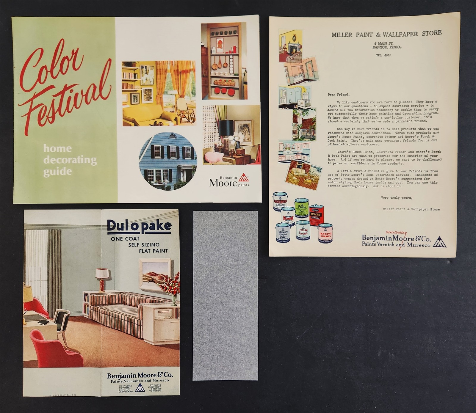 vintage 3pc LOT BENJAMIN MOORE PAINT ADS with SAMPLE BROCHURE LETTERHEAD