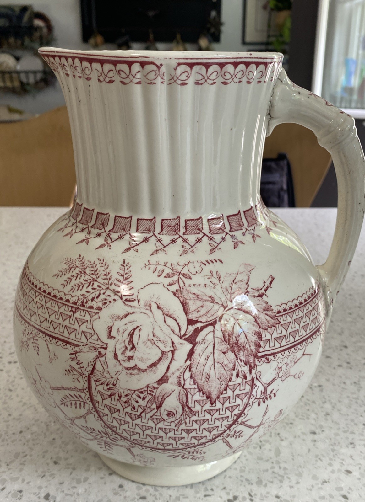 Antique Ironstone Wash Pitcher White & Red Rose Ornate Victorian 10.75”