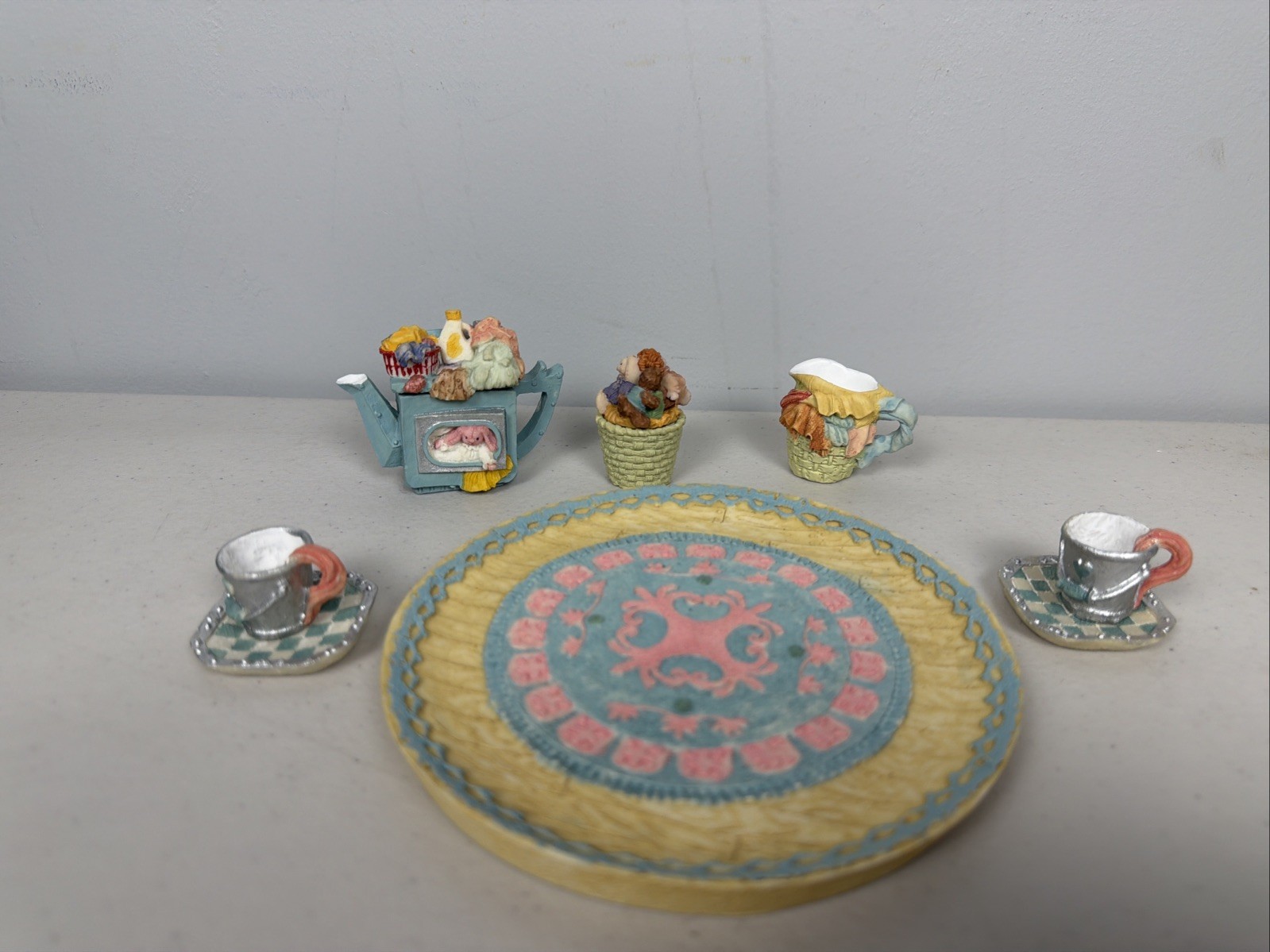 Vintage 1995 Popular Imports  Miniature Resin Bunny Tea Set Decorative   TS702