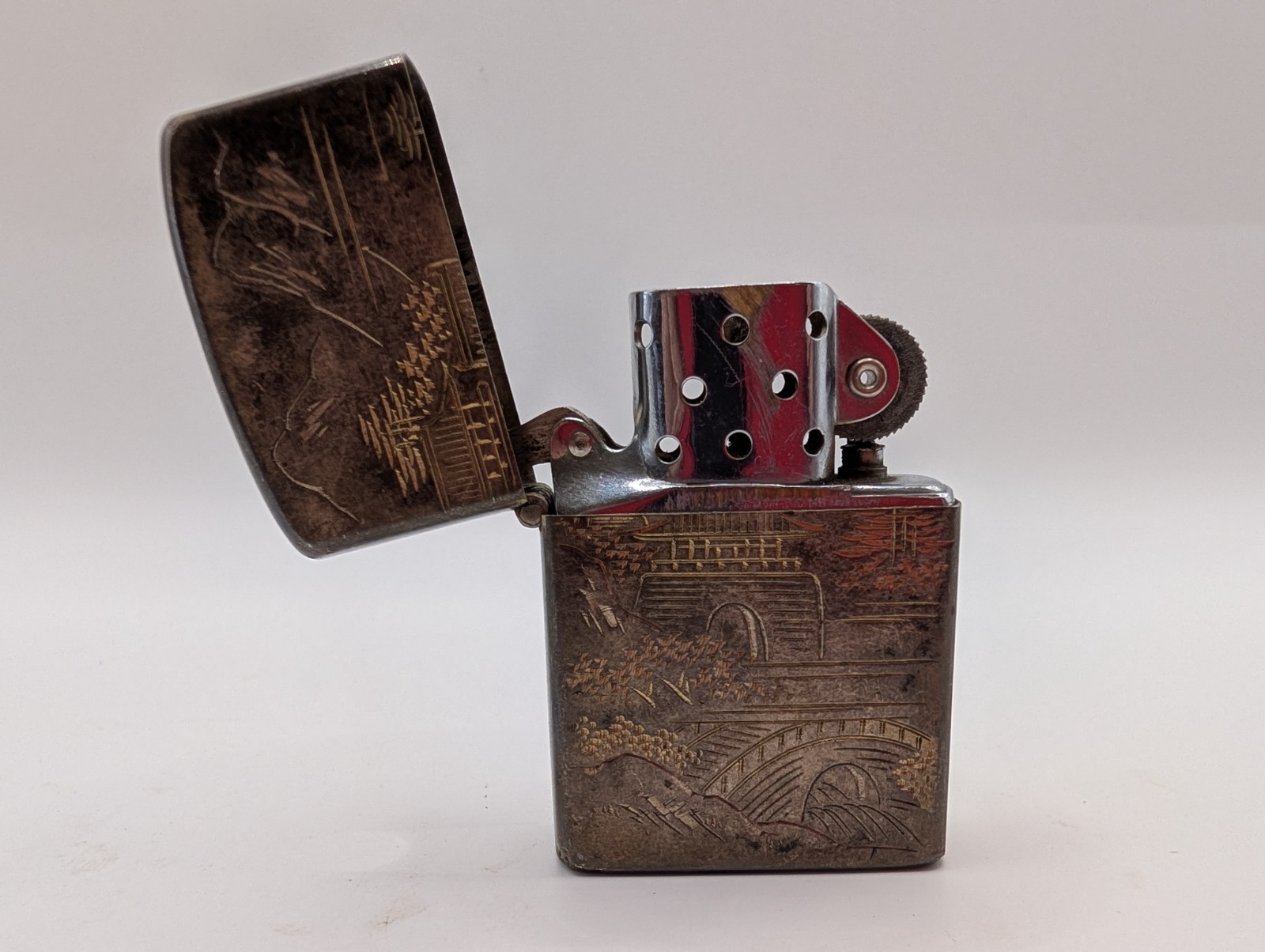 Vintage Sterling 950 Silver Lighter Japanese Landscape Engraved Bridge