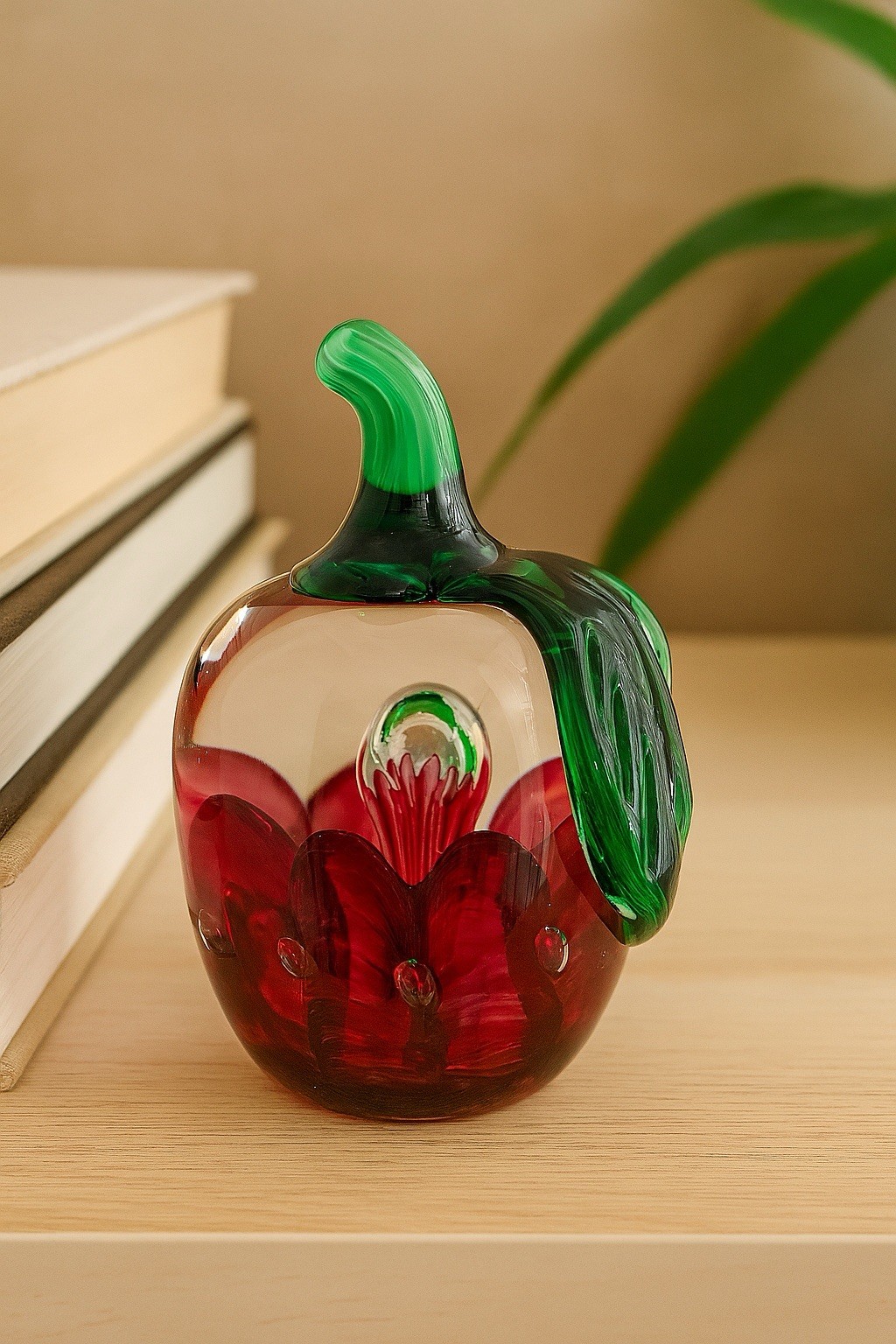 Art Glass Red Clear Green Apple Paperweight Swirls Bubbles 4.25