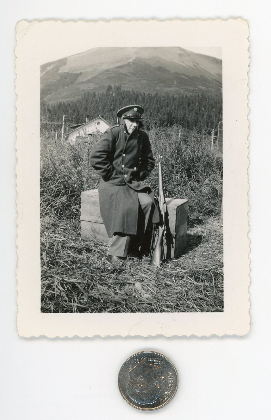 Old 1940's photo / WWII American Soldier Freezing in Coat by Springfield RIFLE