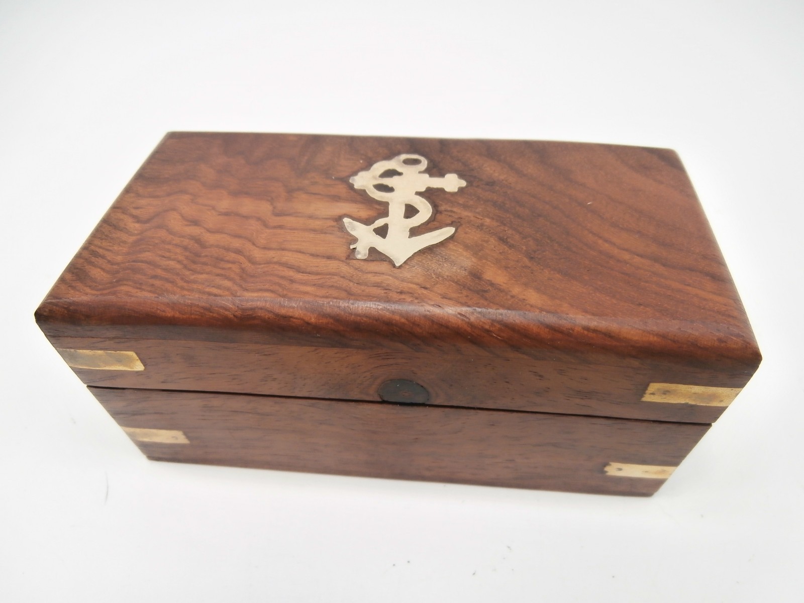 Vintage Wooden Trinket Box Inlaid Brass Nautical Anchor Hinged Lid 4\
