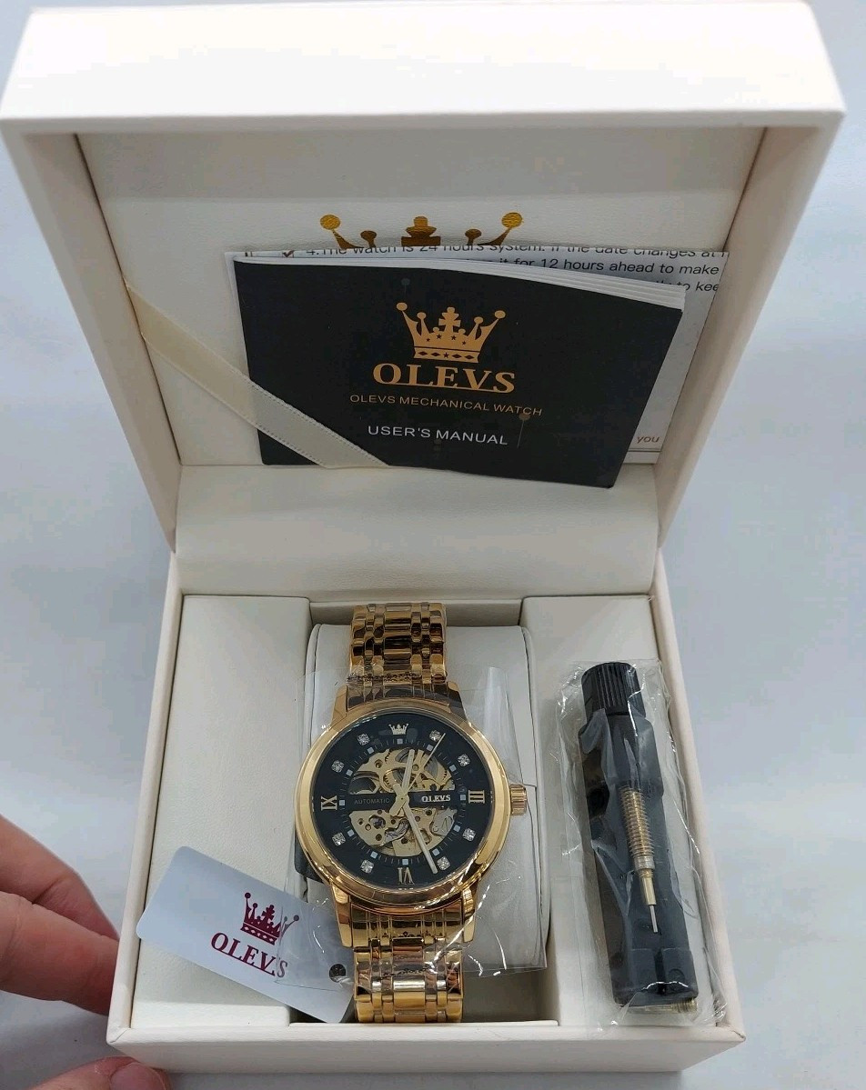 Olevs Men\'S Fashion Automatic Mechanical Men\'S Fashion Waterproof Black & Gold