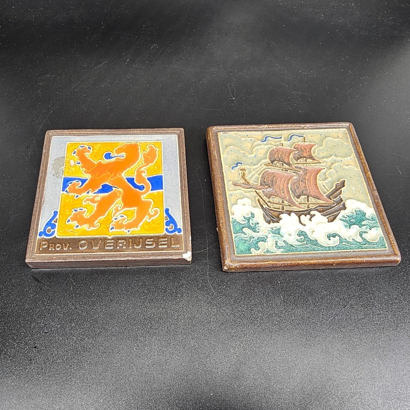 2 Dutch Tiles Westraven Overijssel Lion & De Porceleyne Fles Ship 1950s