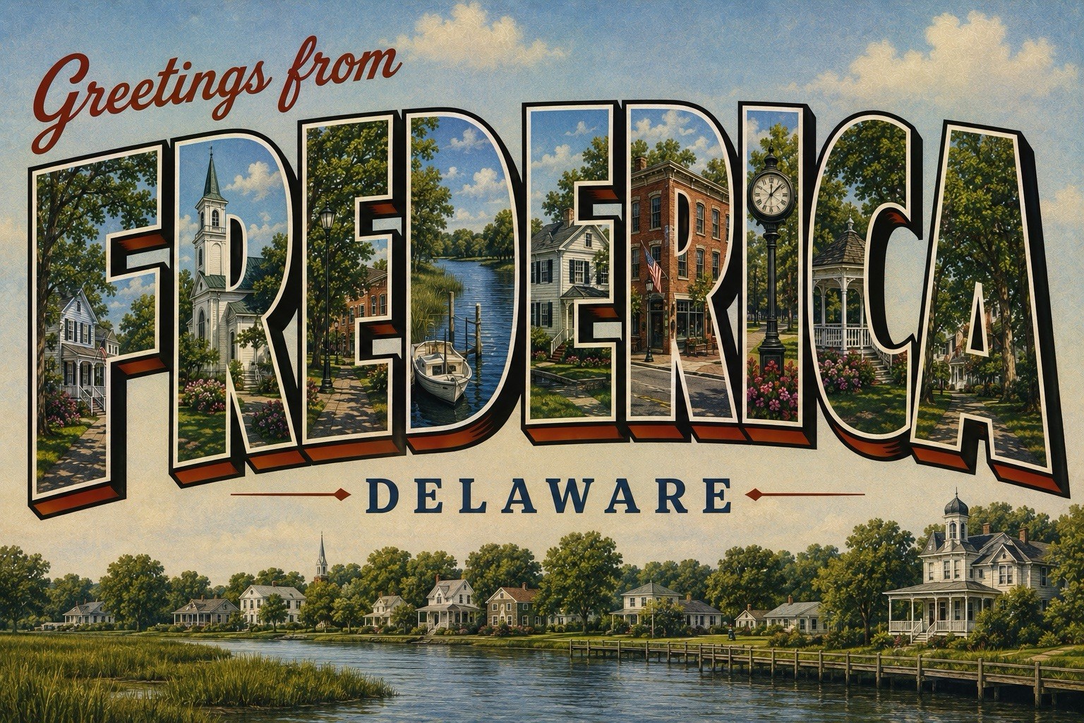 Greetings from Frederica DELAWARE MODERN Postcard Large Letter C318