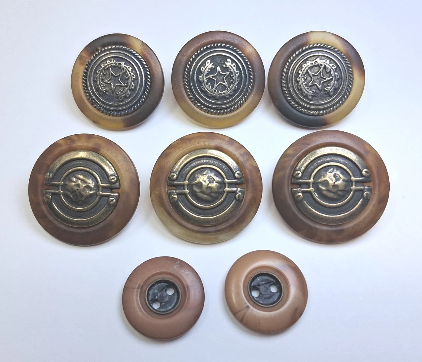 Vtg Metal Tortoiseshell Look Button Lot 8 Three Styles Two Sizes Shank & 2 Hole