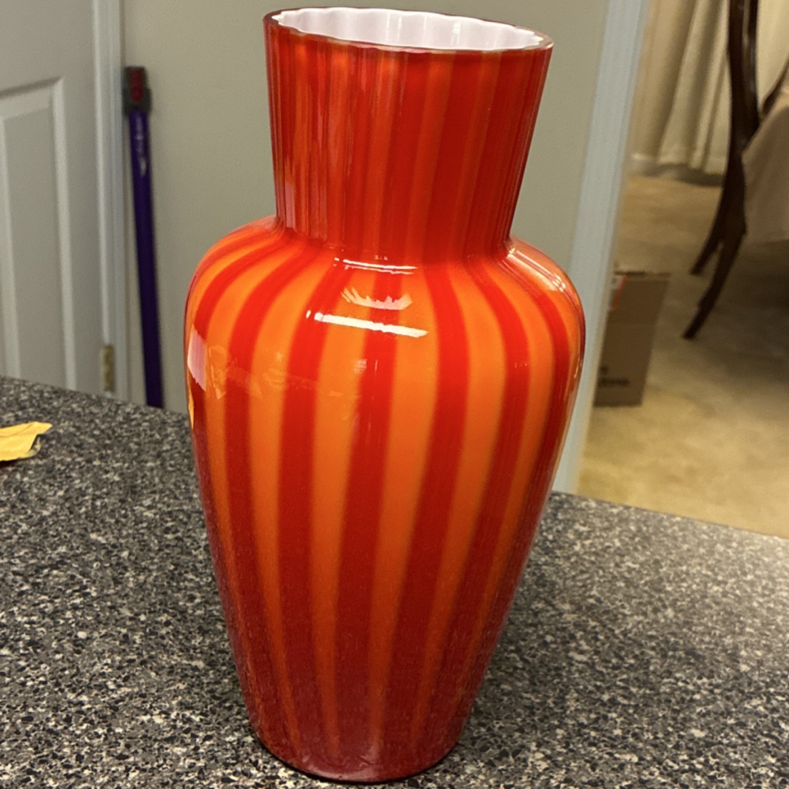 Fenton 1962   Orange & Red Striped Art Glass Vase w/ White Rim, Glossy Finish