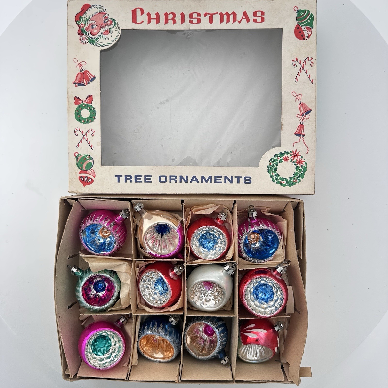 12 Vintage Fantasia Glass Poland Ornaments, Indent Teardrop & Round Box 2”
