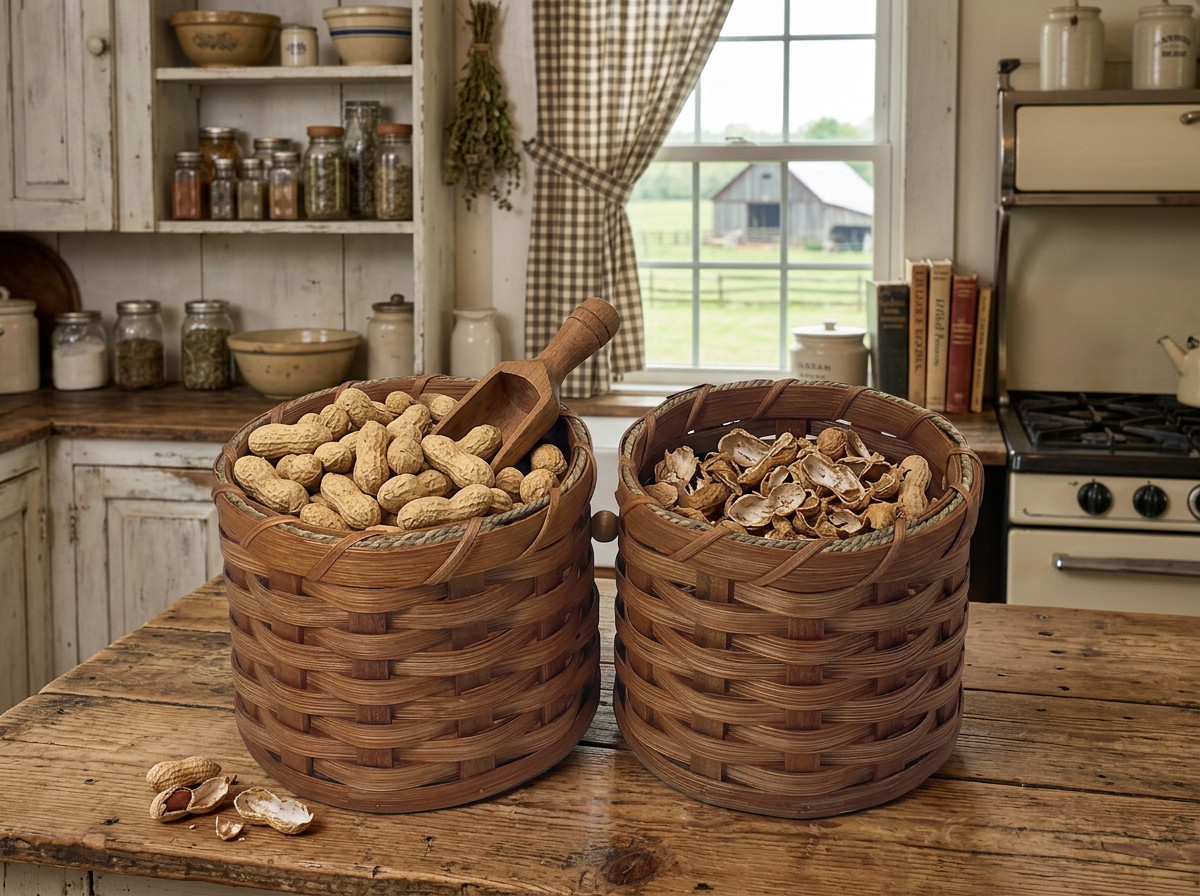 Amish Peanut Serving Basket With Solid Oak Bottom and Swivel To Remove Shells
