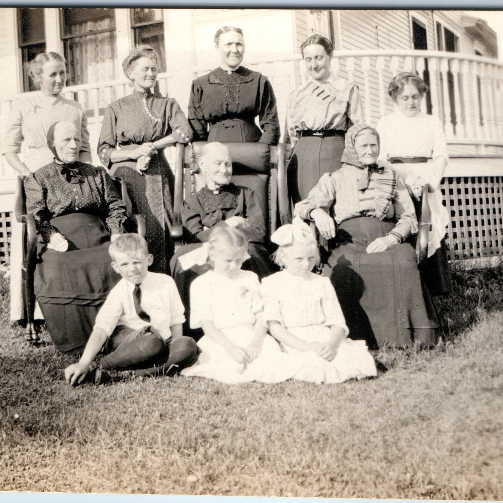 c1910s Multi Generation Family Group Lawn RPPC Antique Porch Photo Postcard
