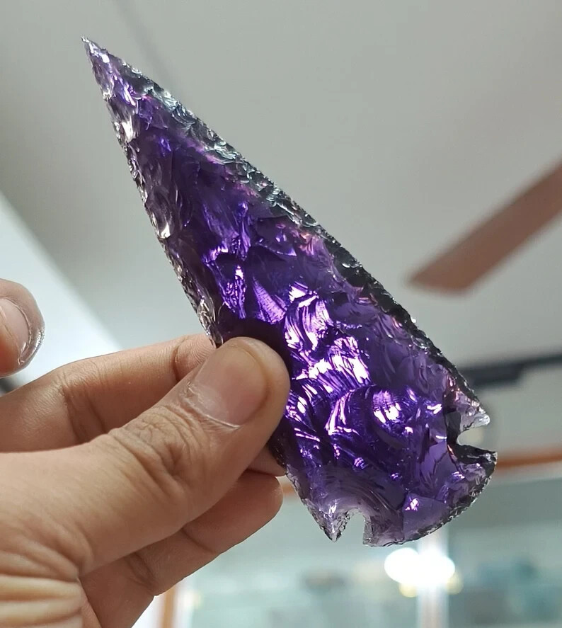 Large Amethyst Glass Arrowhead Crystal Pendant Purple Healing Stone Spearhead