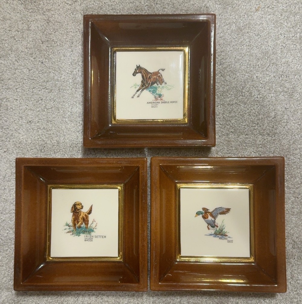 Vintage Hyalyn Stuart Bruce Ceramic Animal Plaques Set of 3 Horse Dog Mallard