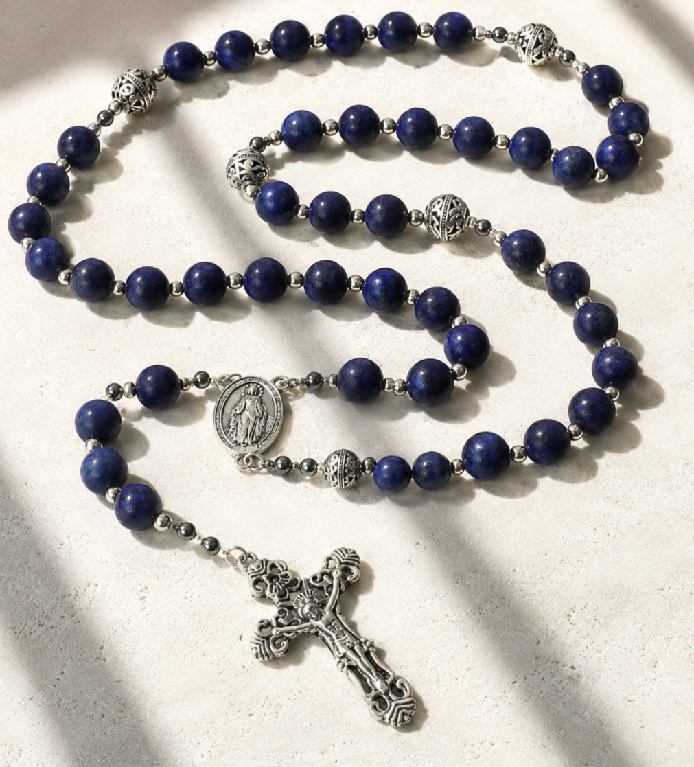 Premium Heavy Lapis Lazuli Catholic Rosary 10mm Beads Ornate Crucifix
