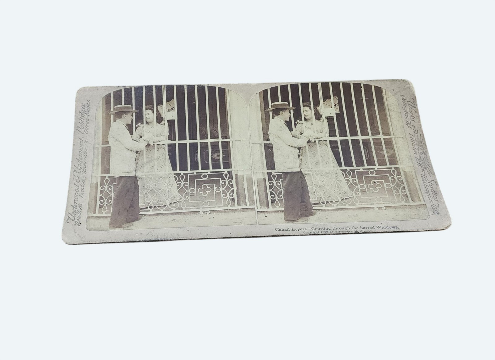 Antique 1899 Stereoview Cuban Lovers Courting Through Barred Windows Underwood