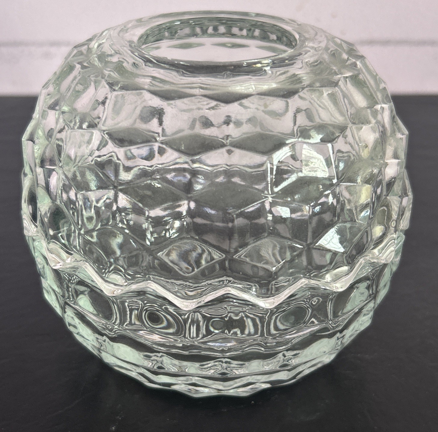 Vintage Homco Fairy Lamp Cubist Clear Glass Light Candle Holder Round 5 1/2”