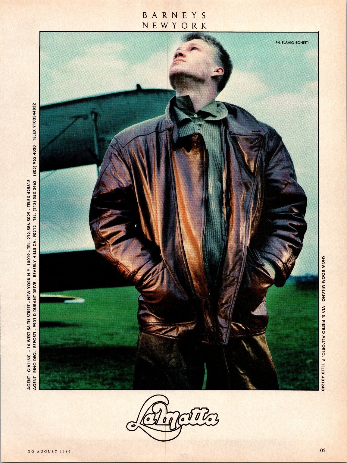 LaMatta Barneys New York 1986 Vintage Magazine Ad Leather Jacket Biplane GQ