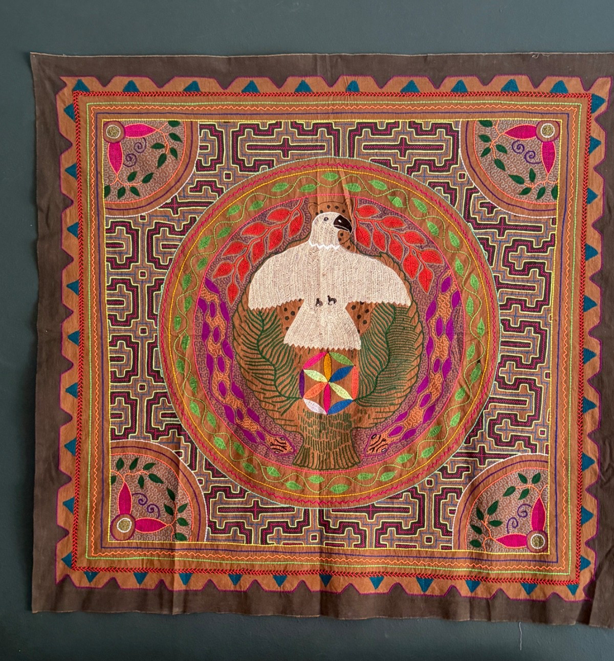 Shipibo Native Hand Embroidery Harpy Eagle Jaguar Visions manta 59 in x 55 in