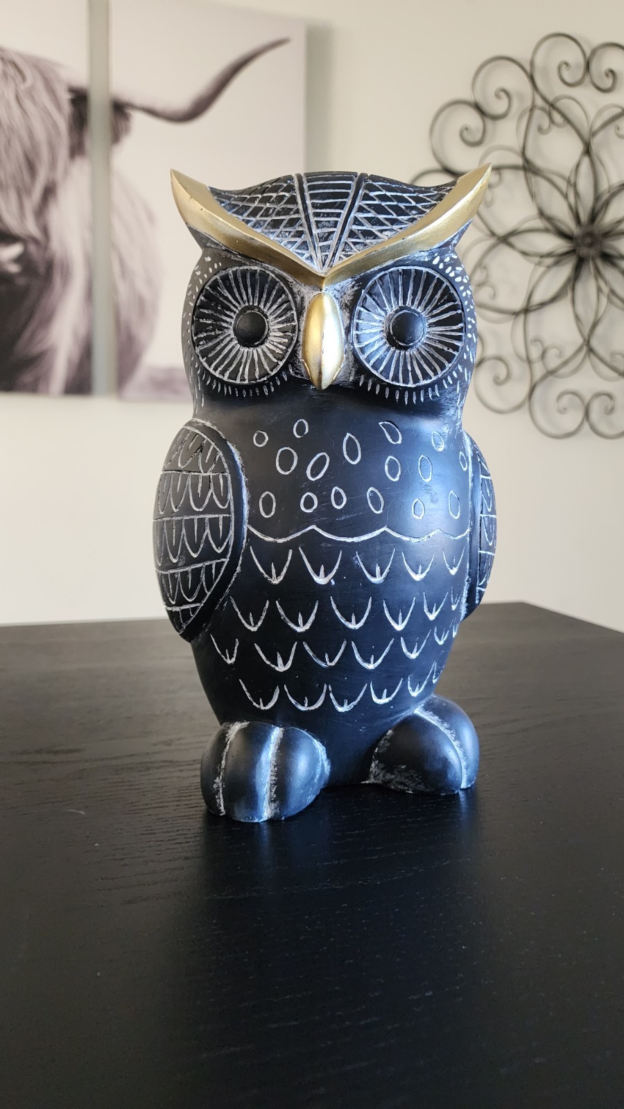 Black White Owl Statue  Resin Bird Figurine Boho Shelf Desk Table Decor