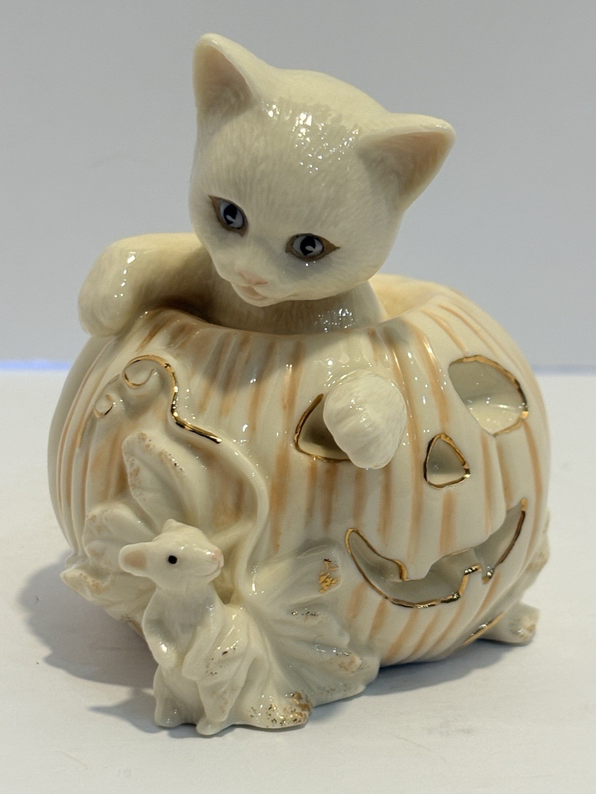 Lenox 2000 Vtg Kitty Cat In Halloween Pumpkin With Mouse