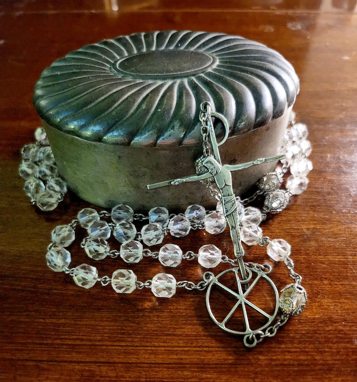 Vintage Antaya Sterling Silver Crystal Rosary & Vtg Pewter Oval Box
