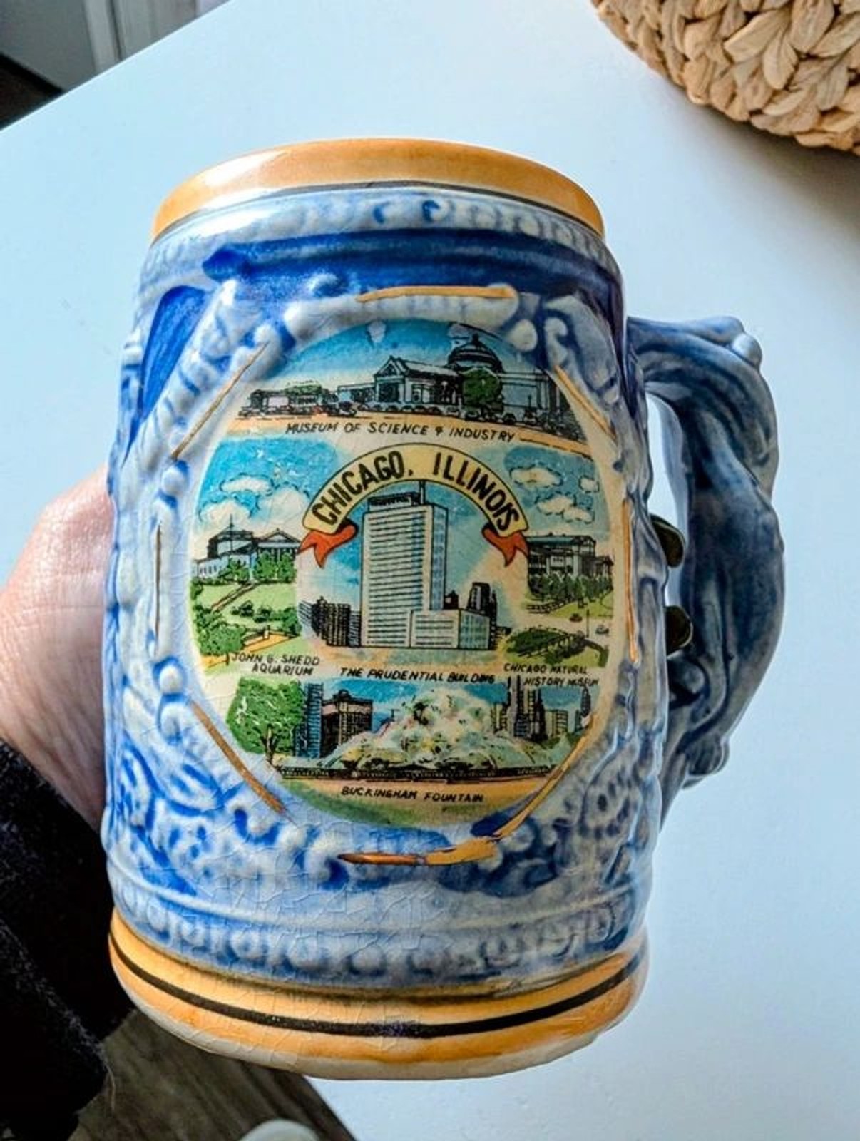 1970\'s Vintage Chicago Illinois Souvenir Beer Stein Relief Ceramic Blue Japan