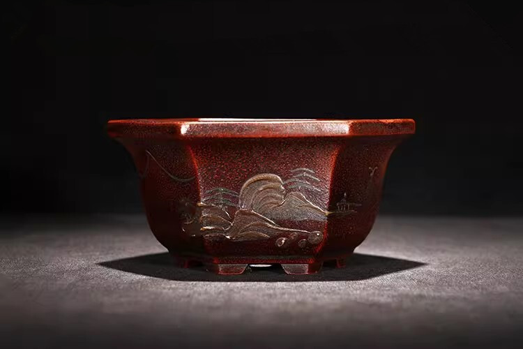 5.1in Chinese Classical Painting Yixing Zisha Flower Pot, Handmade Bonsai Decor
