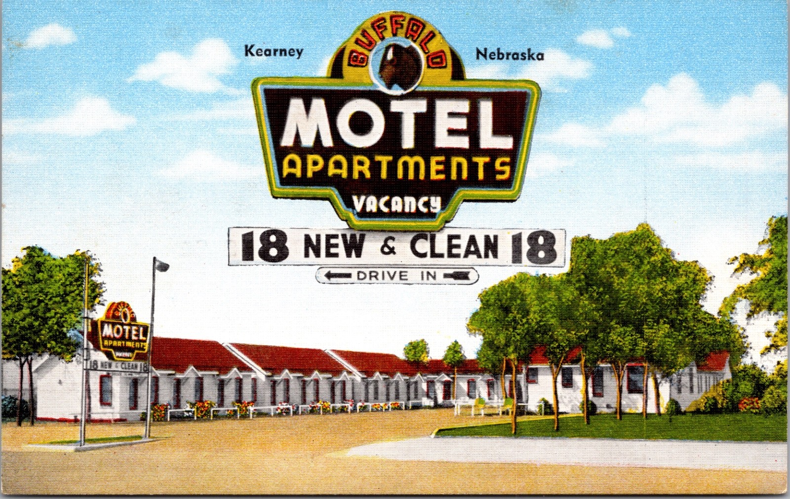 Buffalo Motel Apartments Kearney Nebraska Highway 30 Linen Postcard