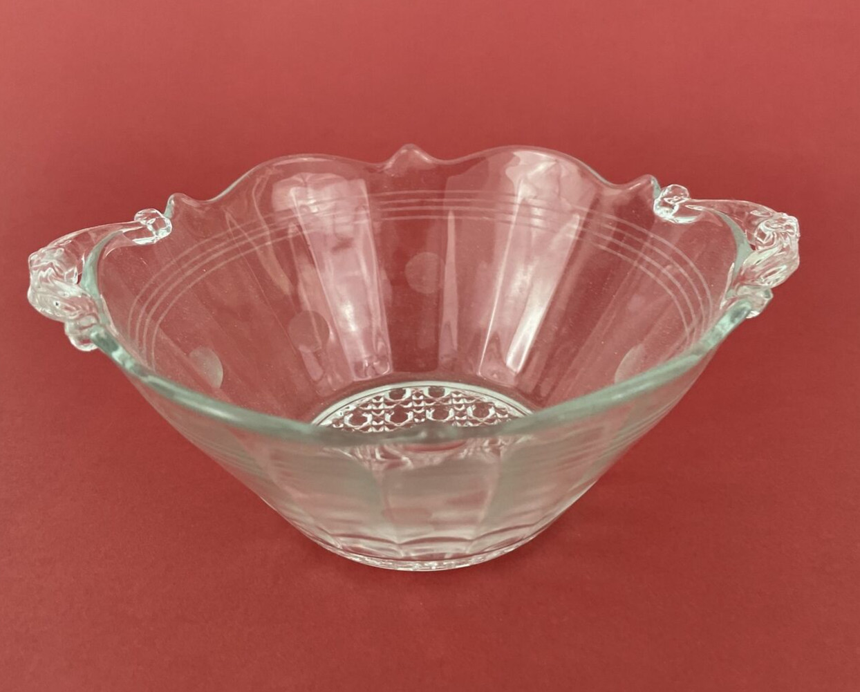 Lancaster Glass LANDRUM Clear Bowl Handled Scroll Cane Polka Dot Depression