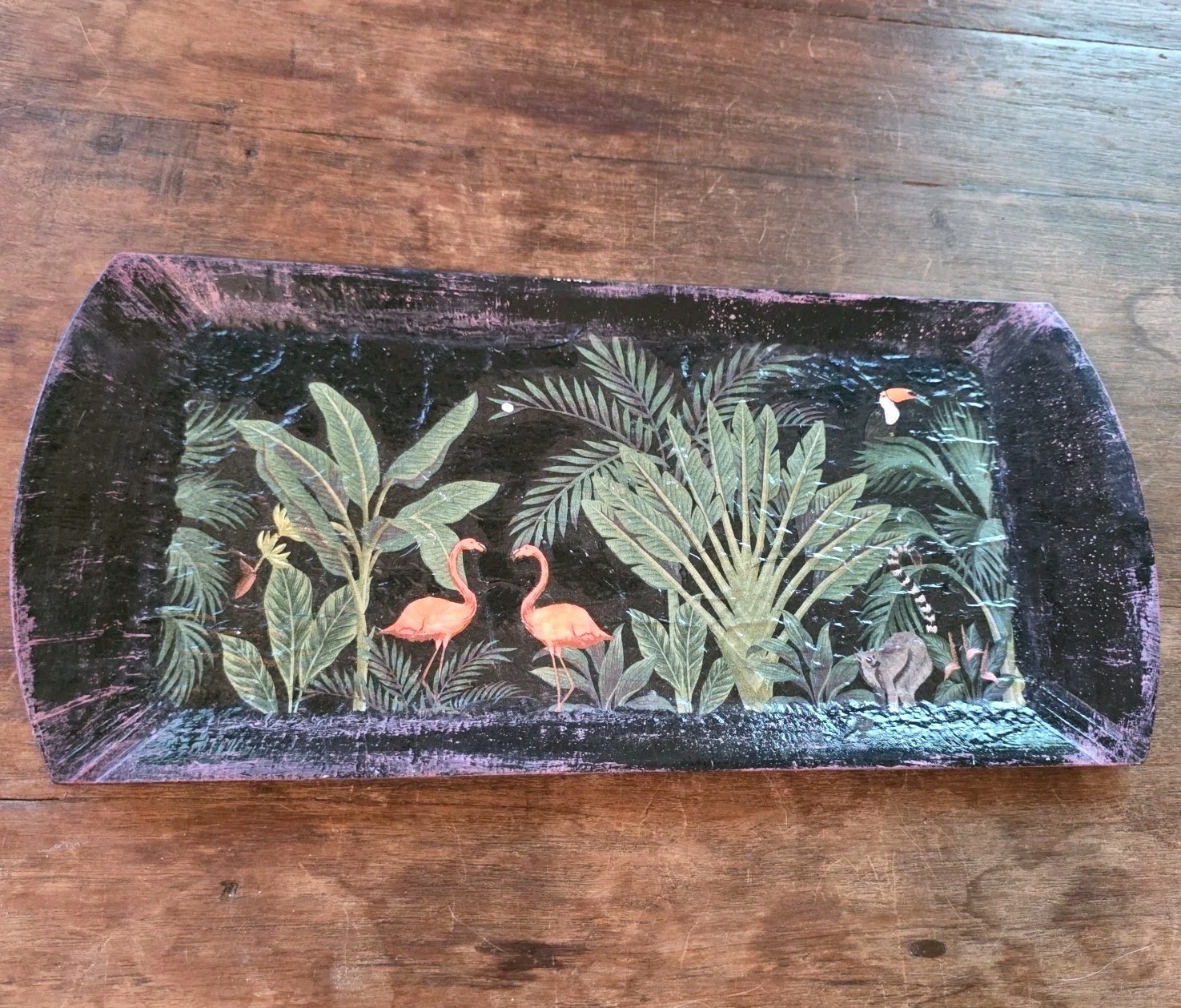 Upcycled Vtg Wood Tray Tropical Flamingo Lemur Dark Academia Distressed 8 x 16.5