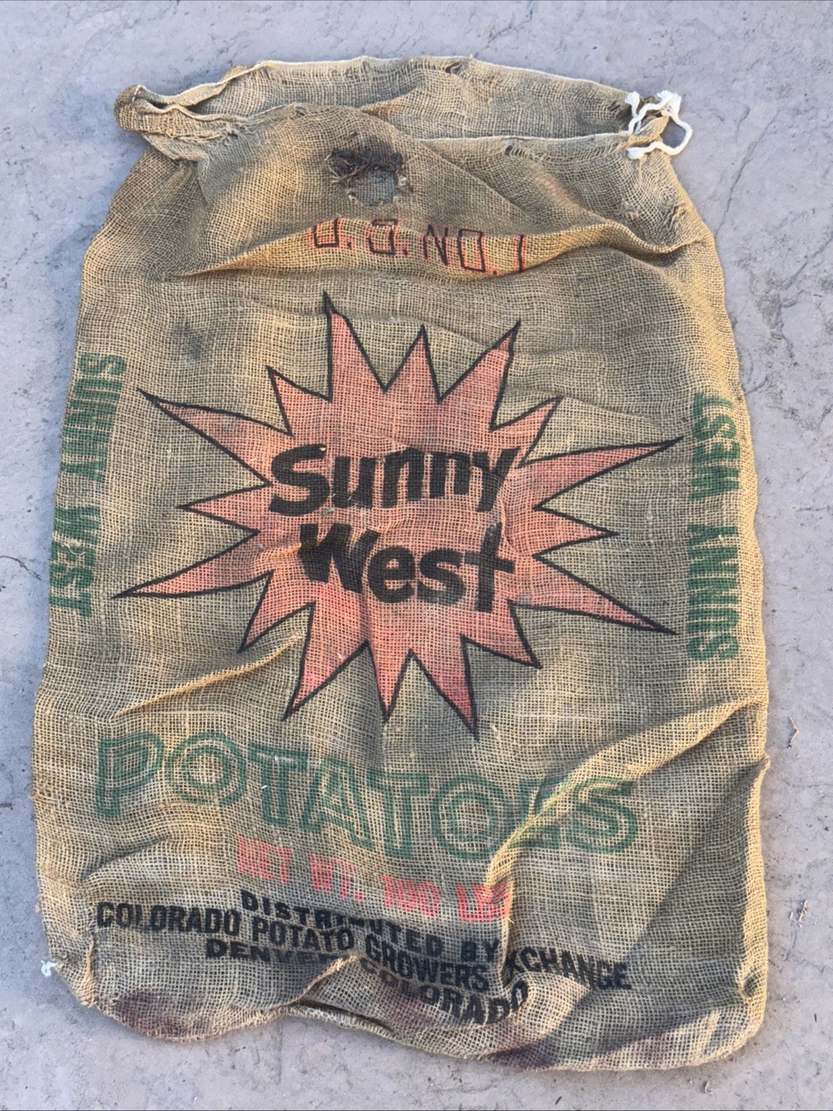 VTG Sunny West Colorado Potatoes Burlap Bag 100 lbs Gunny Sack Rare Antique htf VTG Sunny West Colorado Potatoes Burlap Bag 100 lbs Gunny Sack Rare Antique htf