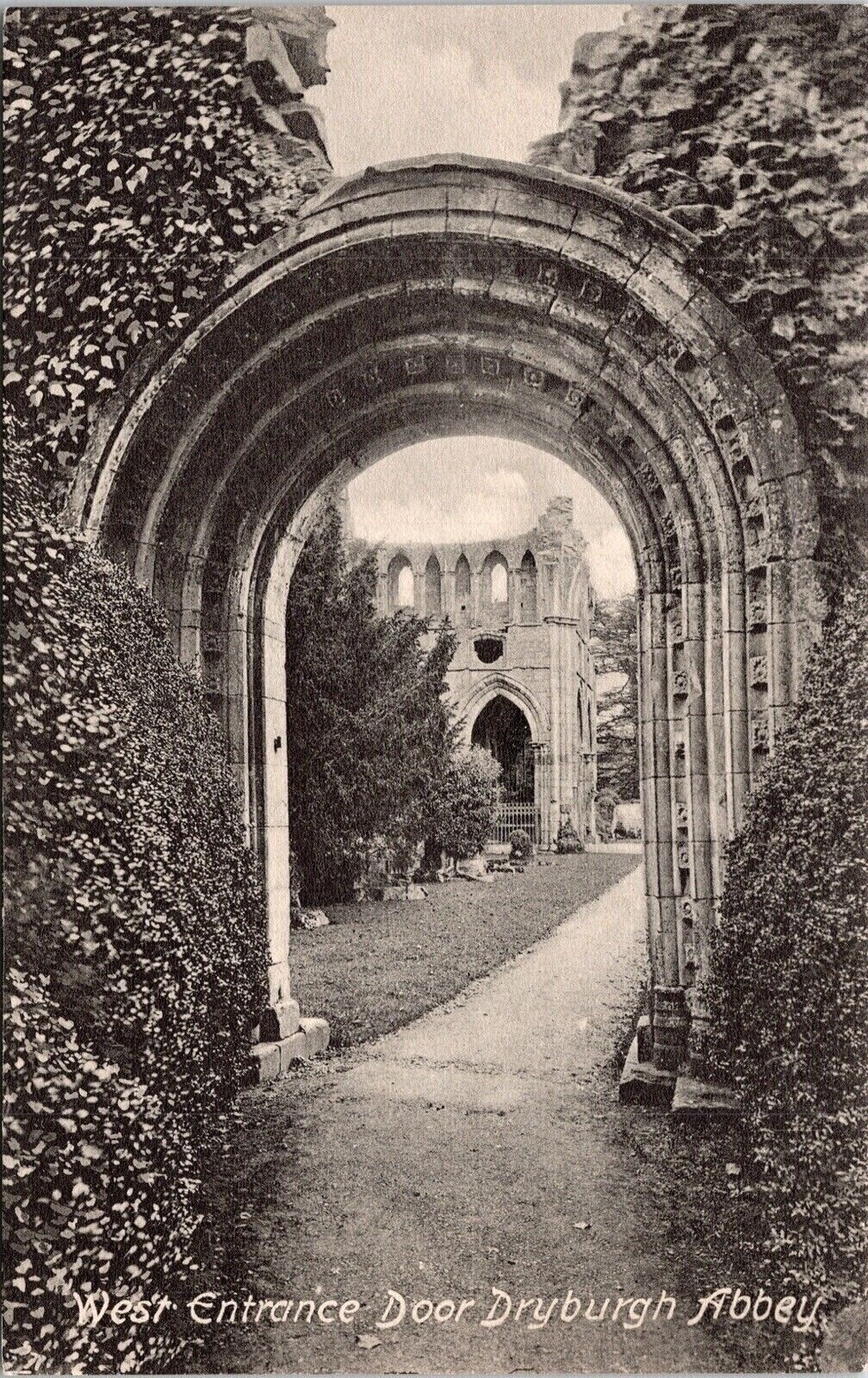 West Entrance Door Dryburgh Abbey Antique Postcard DB UNP Unused Arch