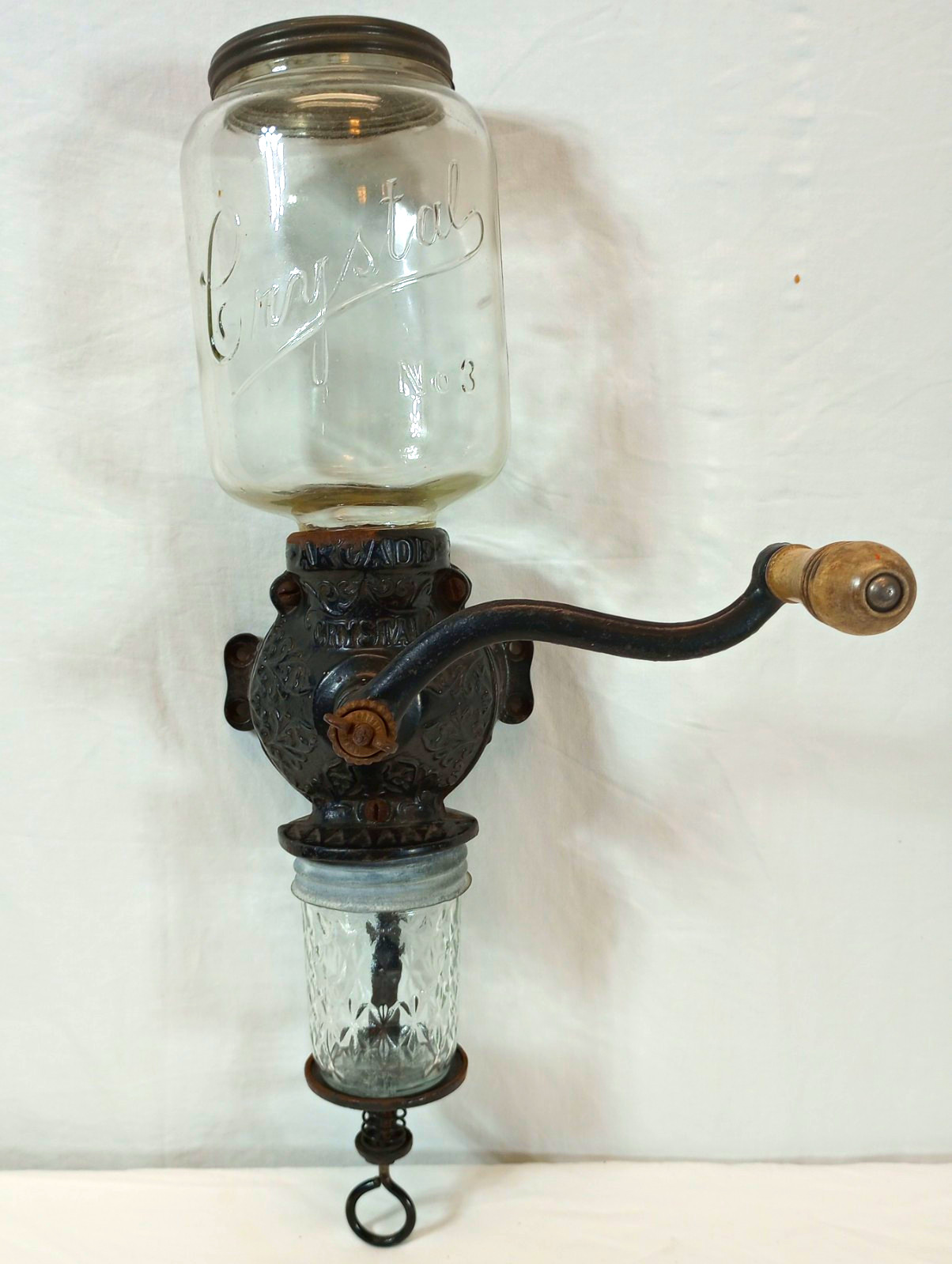 Antique Arcade Crystal 3 Manual Cast Iron Coffee Grinder Glass Jar Lid Catch Cup
