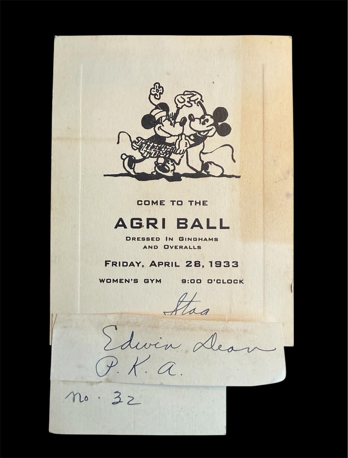 1933 Rare Mickey & Minnie Mouse AGRI Ball Invitation For A Pi Kappa Alpha Member