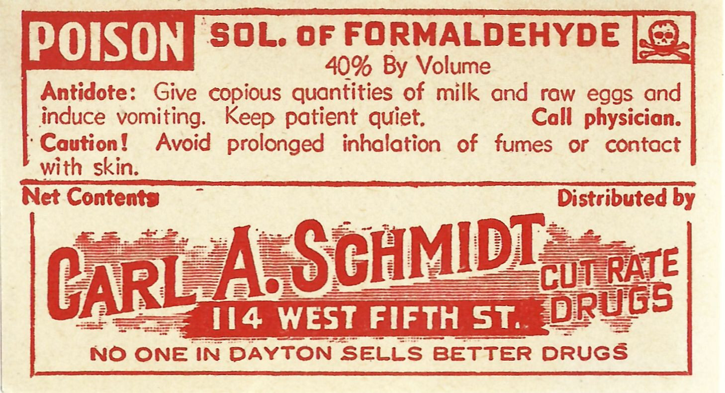 Vintage Pharmacy Label SOLUTION OF FORMALDEHYDE Carl A Schmidt Drugs Dayton Ohio