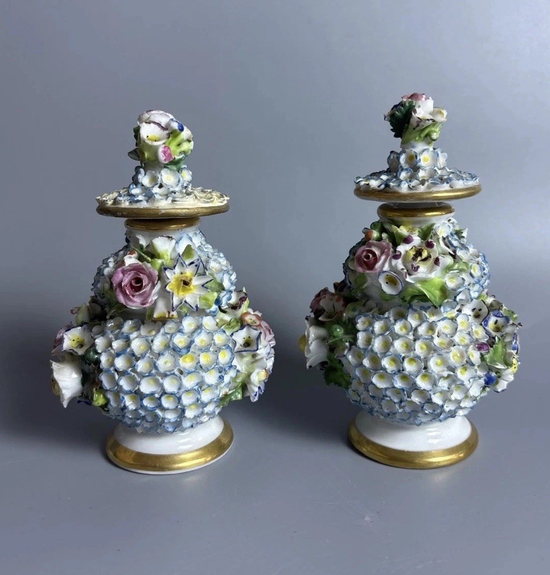 Antique Jacob Petit Paris Porcelain Scent Bottles Encrusted Flowers Schneeballen