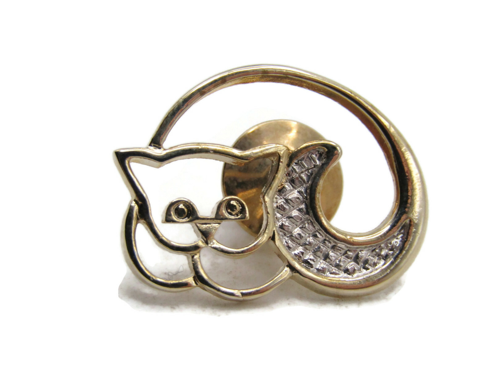 Vintage Curled Cat Kitten Pin Brooch Two-Tone Gold Silver Cutout Textured Tail